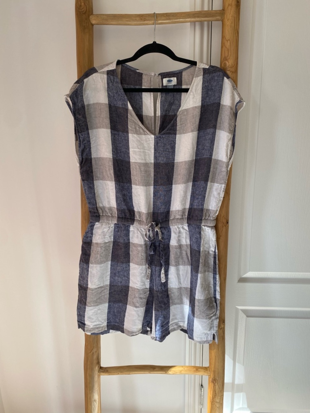 Old Navy Plaid Romper Womens Large Linen Blend V-Neck Blue White Summer Casual
